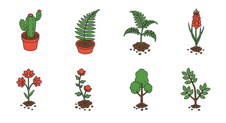 Colorful botanical collection: potted succulents, ferns, flowering plants, and trees