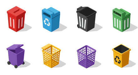 Colorful recycling bins in isometric design for sustainable waste management