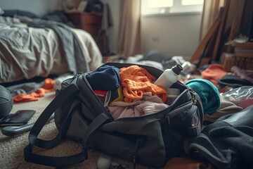 Packed gym bag with deodorant in bedroom
