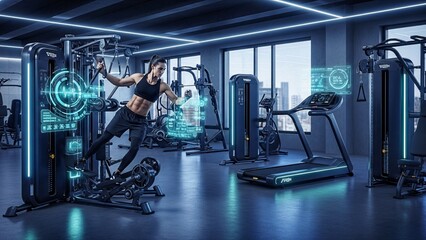 Muscular sportswoman performs exercises on a cable crossover machine in a modern gym equipped with futuristic workout machines and holographic interfaces displaying performance data