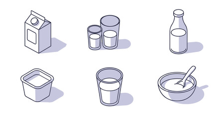Minimalist isometric dairy icons set with milk carton, glasses, and yogurt