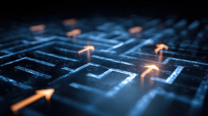 Futuristic Maze with Digital Elements and Glowing Arrows Representing Concept of Navigation, Technology, and Problem Solving in a Virtual Environment