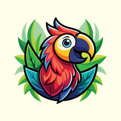 Obraz premium Macaw parrot head cartoon mascot, vibrant tropical bird character with jungle leaves for a zoo or travel logo.