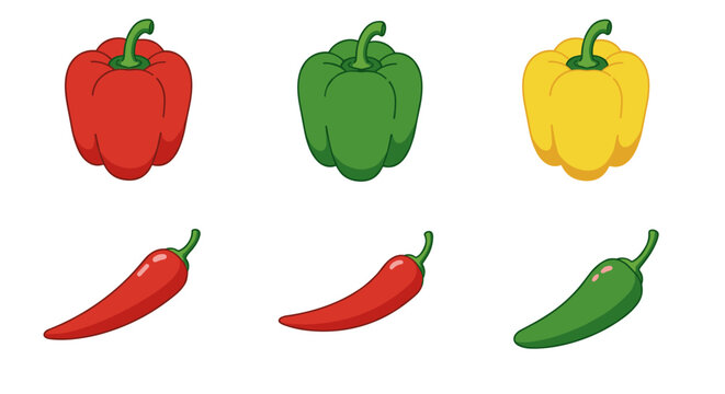 Colorful bell peppers and chili peppers cartoon set for food themes
