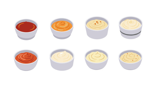 Assorted sauces in minimalist style: tomato, cheese, and mustard variations in small cups