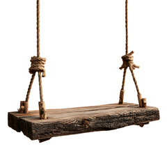 Authentic rustic wooden swing with thick rope hangers evokes nostalgic childhood memories and outdoor adventure.