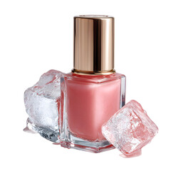 Elegant rose gold topped nail polish bottle nestled amongst refreshing ice cubes, perfect for a cool, sophisticated beauty campaign.