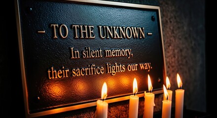Dark memorial plaque bears inscription honoring unknown spirits. Lit candles offer a warm glow, symbolizing silent remembrance, providing comfort for grieving families amidst tragic mystery.