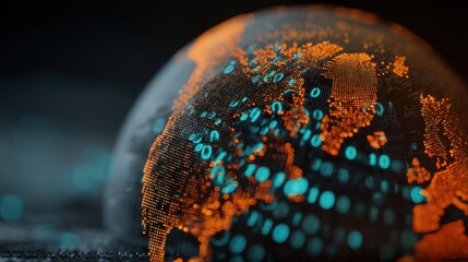Digital globe displaying glowing data points and binary code representing global connectivity and technological advancement in the modern digital age