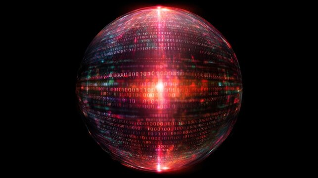 Abstract representation of a glowing digital sphere with binary code lines glowing in red and blue hues against a dark background - Powered by Adobe