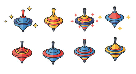 Colorful spinning tops with geometric designs and vibrant patterns