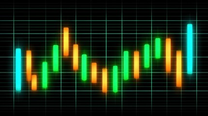 Abstract Stock Market Chart Visualization with Colorful Candlestick Patterns on Dark Background for Financial Analysis and Trading Concepts