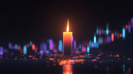 Colorful Candle with Flame Standing Amid Abstract Background of Financial Data Representing Trading, Investment, and Market Trends in Digital Art