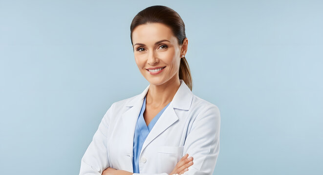 Smiling female doctor with folded arms, isolated on light blue background. - Powered by Adobe