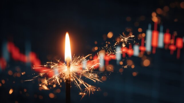 Sparkler Alight Against Financial Stock Market Graph with Bokeh Effect, Symbolizing Growth, Celebration, and Investment Success in Business Environment