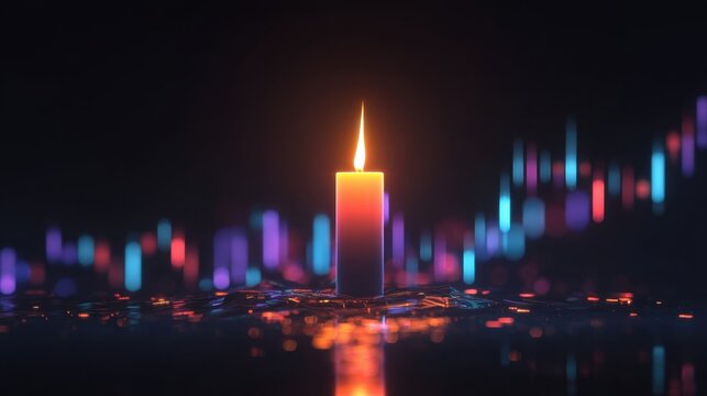 Colorful Candle with Flame Standing Amid Abstract Background of Financial Data Representing Trading, Investment, and Market Trends in Digital Art