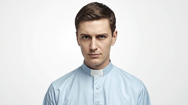 Man in a light blue clerical shirt with a white collar staring intently