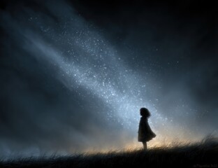 Fototapeta premium Silhouette of a child standing in a field at night under a starry sky.