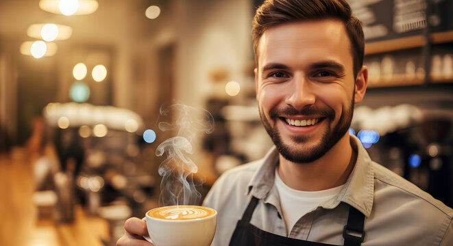 Barista in coffee shop, smiling, blurred counter and lights behind.