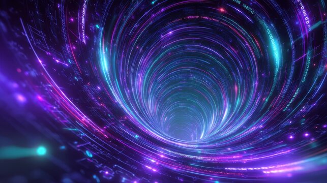 Digital vortex with colorful glowing lights and abstract binary codes flowing in an infinite tunnel representing technology and cyberspace concepts