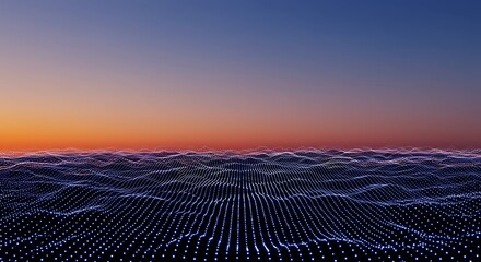 Synthases-style digital terrain with glowing neon sound waves. Retro futuristic 80s inspired background for virtual reality or cyberspace concepts