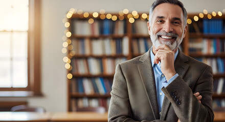 Professor in classroom, smiling, blurred bookshelves behind.