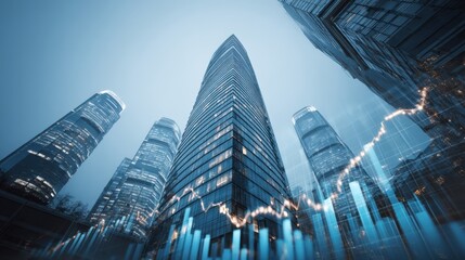 Modern skyscraper in urban skyline with financial data overlay reflecting technology advancements and investment growth in a dynamic city environment