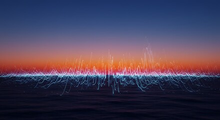 Vibrant neon energy pulses over a purple wireframe surface. Abstract background for science, technology, or futuristic concepts. Sunset color gradient