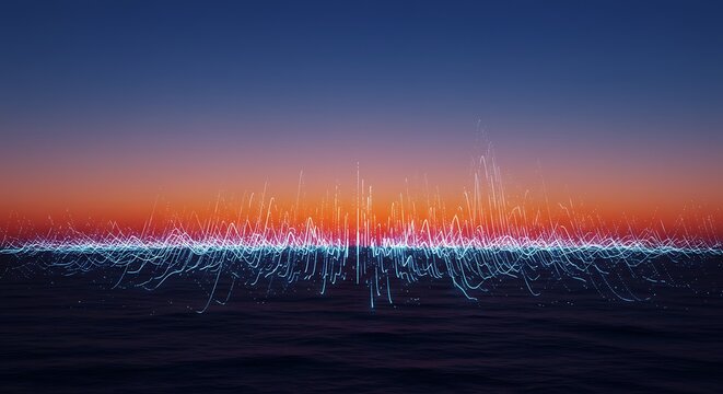 Vibrant neon energy pulses over a purple wireframe surface. Abstract background for science, technology, or futuristic concepts. Sunset color gradient - Powered by Adobe