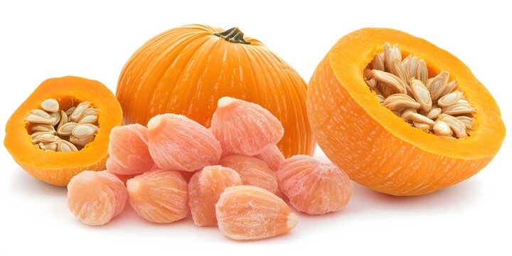 Autumn pumpkins, seeds, and candy corn on white background still life