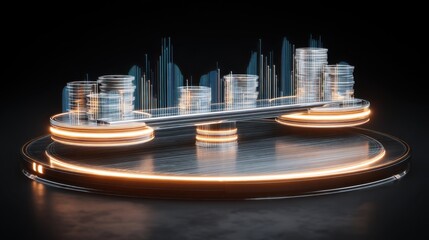 Dynamic Financial Data Visualization with Future Technology Design Portraying Bar Graphs and Evolving Digital Elements on a Futuristic Platform