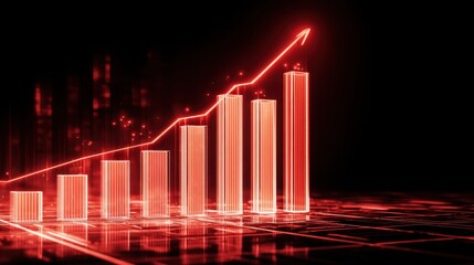 Futuristic Red Graph Illustrating Growth Trends with Rising Bars and Bright Arrow on a Digital Background Representing Financial Success and Data Analysis