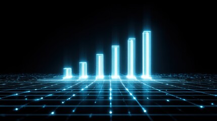Futuristic glowing growth chart with rising bars representing data progression over dark background in a digital concept for technology and finance