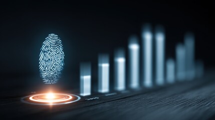 Digital fingerprint technology representing security and authentication with bar graph statistics, illuminated in a dark background for modern concepts