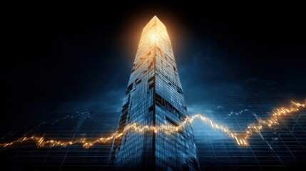 Modern skyscraper with illuminated tip against dark sky, representing finance and technological advancement with data visualization effects