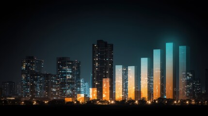 Obraz premium Urban skyline at night with glowing modern buildings and city lights reflecting vibrant colors on a clear starry night