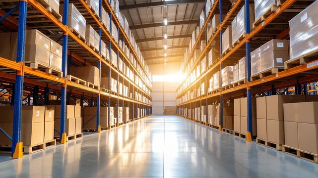 Interior of warehouse with racking system. Storage of cardboard boxes and wooden pallets on shelves. Delivery and cargo shipment for logistics.