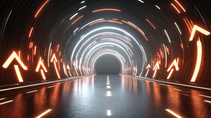 Futuristic tunnel with glowing arrows and reflective surface creating an illusion of depth and movement, perfect for technology or travel concepts.