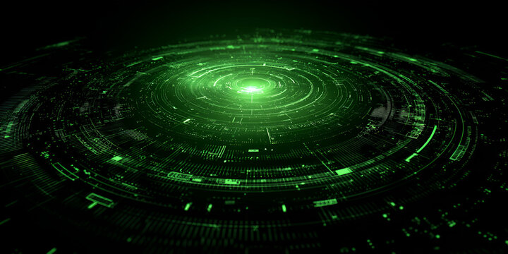 Green futuristic data ring with circular tech elements and glowing digital center

