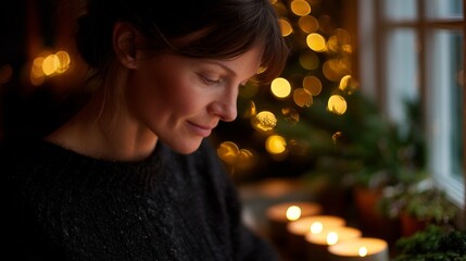 A peaceful woman arranging glowing candles on a windowsill