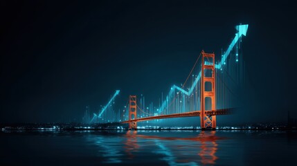 Futuristic Night View of a Bridge with Digital Data Visualization and Rising Graphs Over Water in a Modern Urban Environment