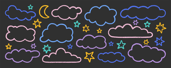 Chalk pencil clouds doodle set. Childish crayon sky, stars and moon. Pastel kids sketch. Grunge texture. Hand drawn vector illustration isolated on black background