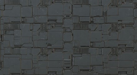 Worn gray steel plating from a futuristic factory or starship. A seamless and tile able industrial background with a complex geometric pattern
