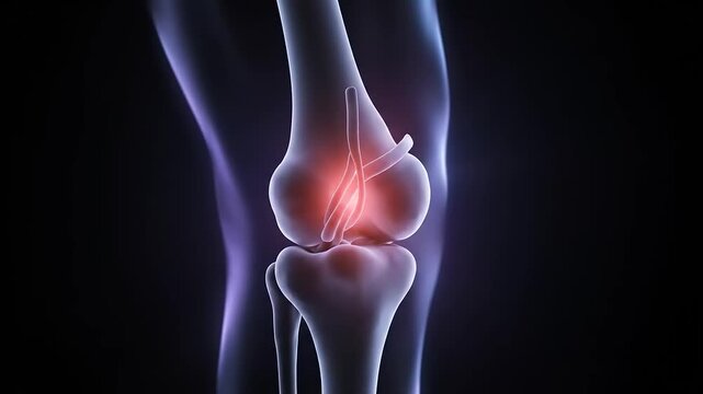 3D Animation of Human Knee Joint with Red Pain Area Highlighting Ligament Injury and Bone Structure &ndash; Medical and Health Concept