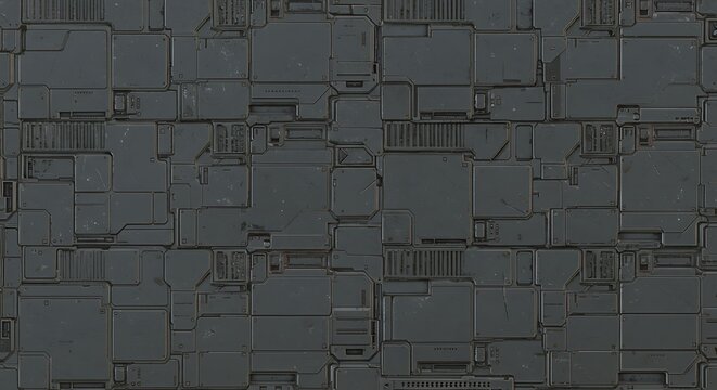 Worn gray steel plating from a futuristic factory or starship. A seamless and tile able industrial background with a complex geometric pattern - Powered by Adobe