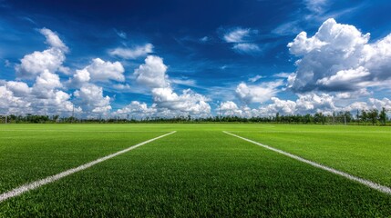 Obraz premium Expansive Green Football Field Under Dramatic Blue Sky with Fluffy White Clouds.