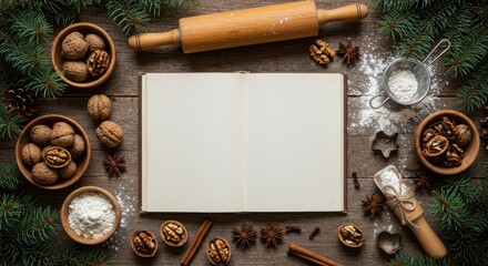 Open Recipe Book on Rustic Wooden Table with Baking Ingredients