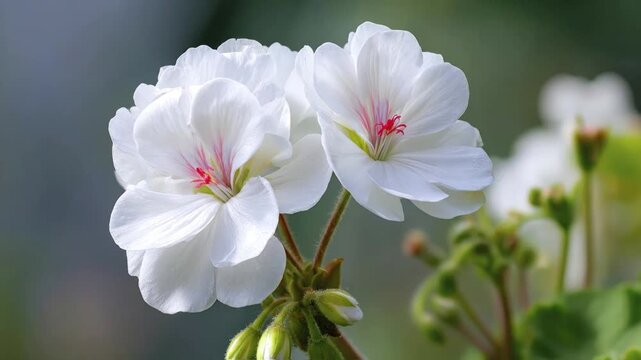 A stunning macro shot of delicate white geranium flowers blooming in a garden. The soft petals have vibrant pink and red centers, contrasted against a beautifully blurred green background that creates