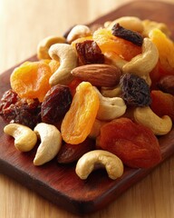 Assortment Of Mixed Nuts And Dried Fruit On Wooden Board