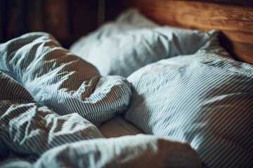 Soft, rumpled bed linens in close-up with striped duvet and pillows on a wood headboard